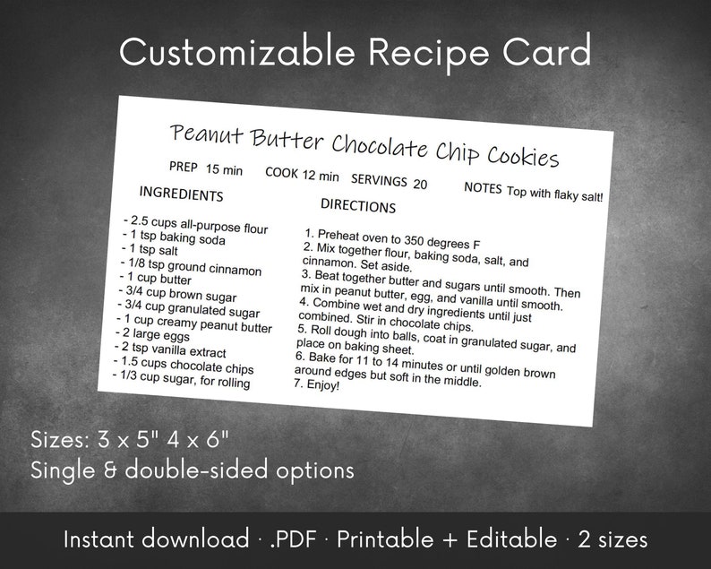 Sale Customizable Recipe Card Minimalist Printable Editable Pdf