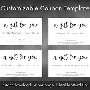 Plantilla de cupón personalizable / Personalizar conjunto de cupones para un regalo / Descarga instantánea de palabra editable / Día de la madre, Día del padre, Cumpleaños