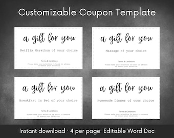Customizable Coupon Template | Personalize Set of Coupons for a gift | Instant Download Editable Word | Mother's Day, Father's Day, Birthday