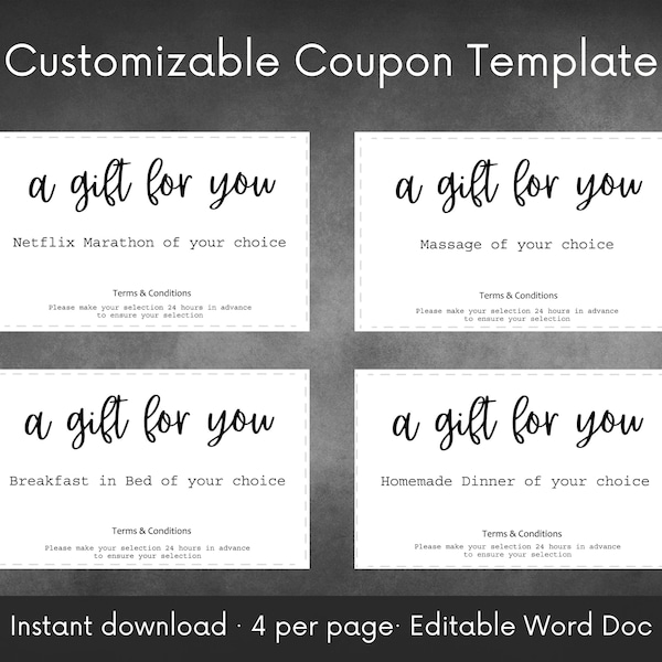 Customizable Coupon Template | Personalize Set of Coupons for a gift | Instant Download Editable Word | Mother's Day, Father's Day, Birthday