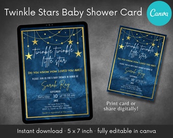 Twinkle Twinkle Little Star Navy Baby Shower Invite| Fully editable Canva Template | Mom-to-be | It's a baby girl boy | Instant Download