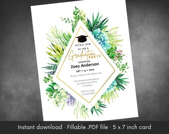 Editable Succulent Graduation Party Invitation Template | Fillable .PDF | Customizable Greenery Rose Gold Diamond Design | Printable DIY