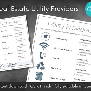 Real Estate Utility Providers | Customize & Edit in Canva | New Home Owner Welcome Close Resource | House Buying | Realtor Digital Download