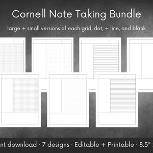 Cornell Note Taking Set | Printable + Editable Versions | US Letter Size | Lecture / Study Notes Paper | lines, grid, dots, & blank