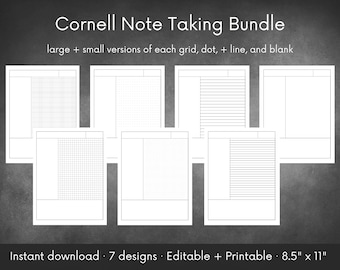 Cornell Notizen Set | Druckbare + Bearbeitbare Versionen | US Letter Größe | Vorlesungs-/Studiennotizpapier | Linien, Gitter, Punkte, & Blanko