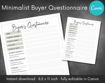 Minimalist Buyer Questionnaire Template | Home Buying Checklist | Welcome New Client | Customize & Edit in Canva | Realtor Digital download