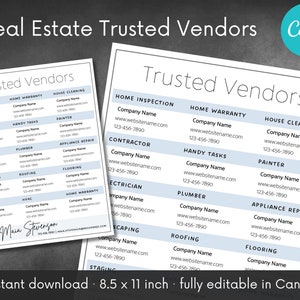 Real Estate Trusted Vendors Template | Home Buying Seller Inspection Closing Referral | Customize & Edit in Canva | Realtor Digital Download