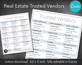 Real Estate Trusted Vendors Template | Home Buying Seller Inspection Closing Referral | Customize & Edit in Canva | Realtor Digital Download