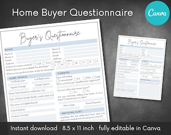 Detailed Buyer Questionnaire Template | Home Buying Checklist | Welcome New Client | Customize & Edit in Canva | Realtor Digital download