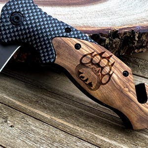 Bear Paw Knife Engraved Pocket Knife Mountain Bear Gift Wood Handle Knife Outdoor Gift for Him