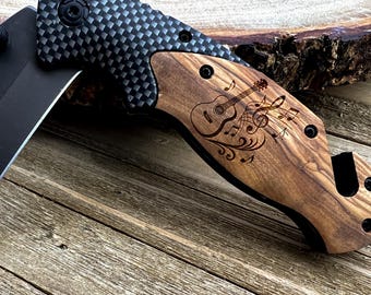 Guitar Engraved Pocket Knife Music Notes Design Gift for Him Musician Gift Acoustic Guitar Knife