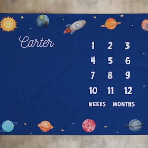 Manta de hitos para bebé, recuerdo personalizado para recién nacido, accesorio fotográfico con temática espacial, regalo sentimental para baby shower