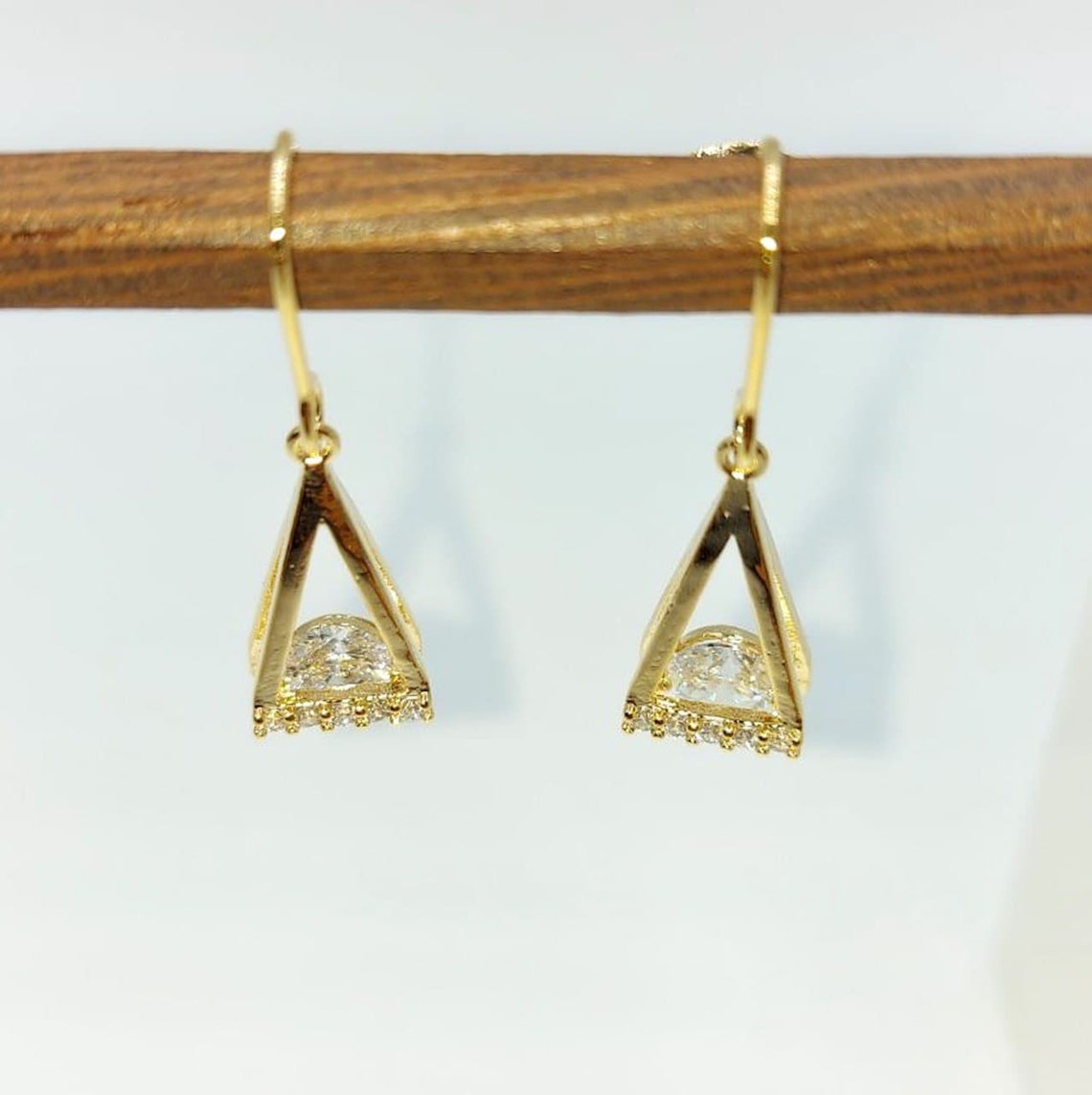 Gold Triangle Dangle Earrings, Gold Geometric Earrings, Geometric Dangle Earrings, Faux Diamond