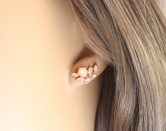 Rose Gold Leaf Earrings, Morganite Earrings, Statement Earrings, Ear Crawler, Ear Climber, Leaf Stud Earrings, Perfect Gift for Her