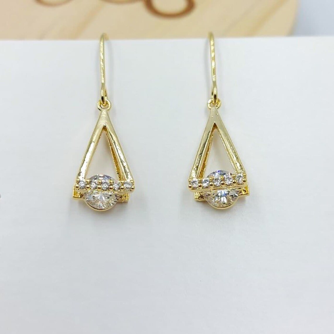 Gold Triangle Dangle Earrings, Gold Geometric Earrings, Geometric Dangle Earrings, Faux Diamond
