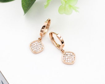 Rhombus Earrings, Square Dangle Hoops, Rose Gold Huggies, Rhombus Dangle Earrings, Charm Hoops, Geometric Earrings, Huggie Hoops