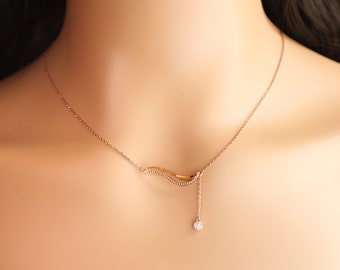 Wave Necklace, Curved Bar Necklace, Gold Line Necklace, Wavy Bar Necklace, CZ Drop Necklace, Adjustable Necklace, Perfect Gift for Her