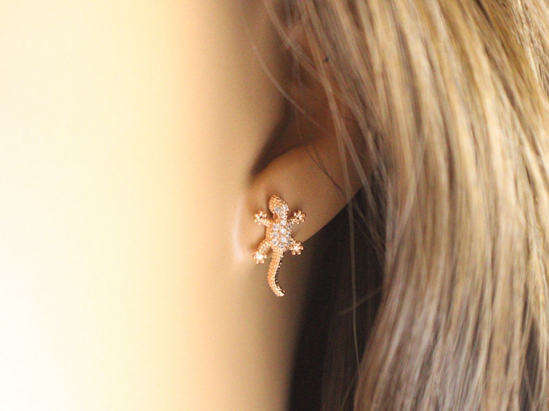 Lizard Stud Earrings, Gecko Stud Earrings, Gecko Lizard Earrings, Animal Stud Earrings, Gold Plated Stud Earrings image 1