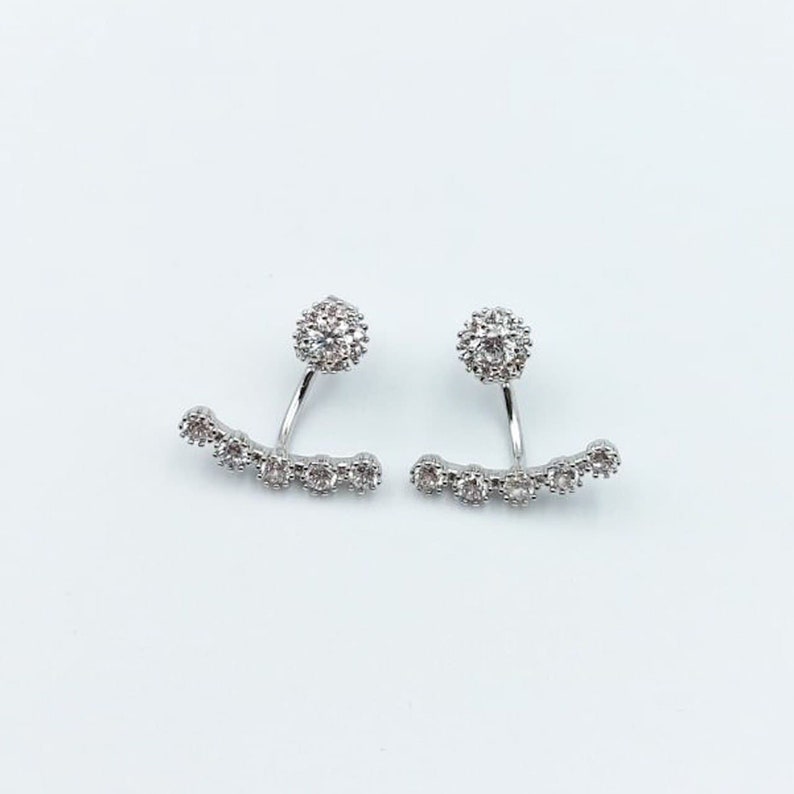 Silver Plated Earrings Cubic Zirconia Ear Jacket Floating Earrings Double Sided Earrings Front Back Earrings
