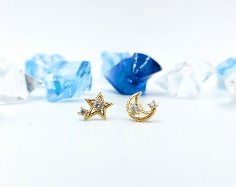 Moon and Star Stud Earrings, North Star Stud Earrings, Half Moon Earrings, Mismatched Stud Earrings, Celestial Stud Earrings