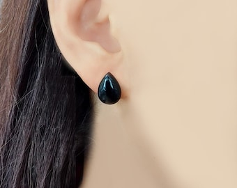 Black Teardrop Stud Earrings, Black Onyx Stud Earrings, Protection Gemstone Earrings, Teardrop Black Onyx Earrings, Perfect Gift for Her