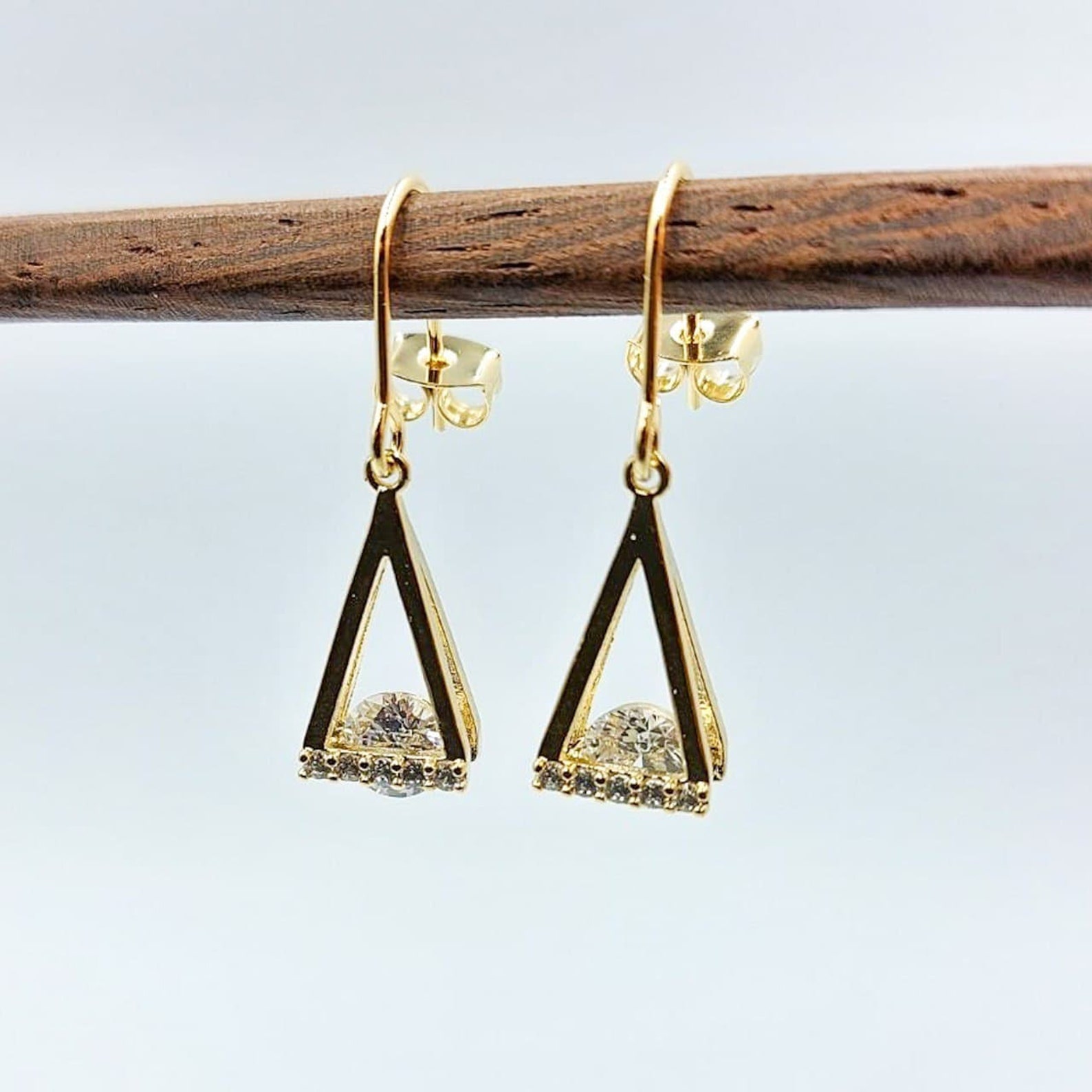 Gold Triangle Dangle Earrings, Gold Geometric Earrings, Geometric Dangle Earrings, Faux Diamond