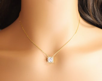 Dainty Square Necklace, Gold Plated Square Necklace, CZ Square Pendant, CZ Diamond Necklace, Perfect Gift for Her