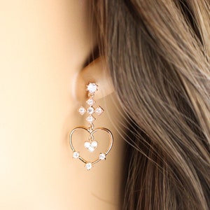 Rose Gold Heart Dangle Earrings, Rose Gold Heart Earrings, Heart Drop Earrings, CZ Dangle Earrings, Perfect Gift for Her