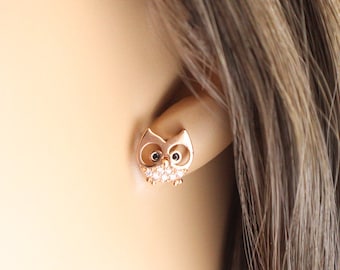 Owl Stud Earrings, Gold Owl Earrings, Rose Gold Owl Earrings, Bird Stud Earrings, Owl Earrings, Gold Plated Stud Earrings