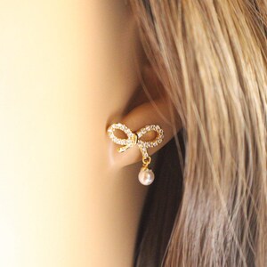 Gold Pearl Bow Earrings, Cubic Bow Earrings, Pearl Dangle Earrings, Pearl Drop Earrings, Gold Plated Dangle Earrings