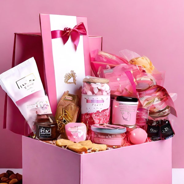 Caja de regalo rosa Cesta Cesta Regalo completo para ella Peluche Flor Velas Accesorios Snacks Chocolates Rosas Perfecto Totalmente personalizable