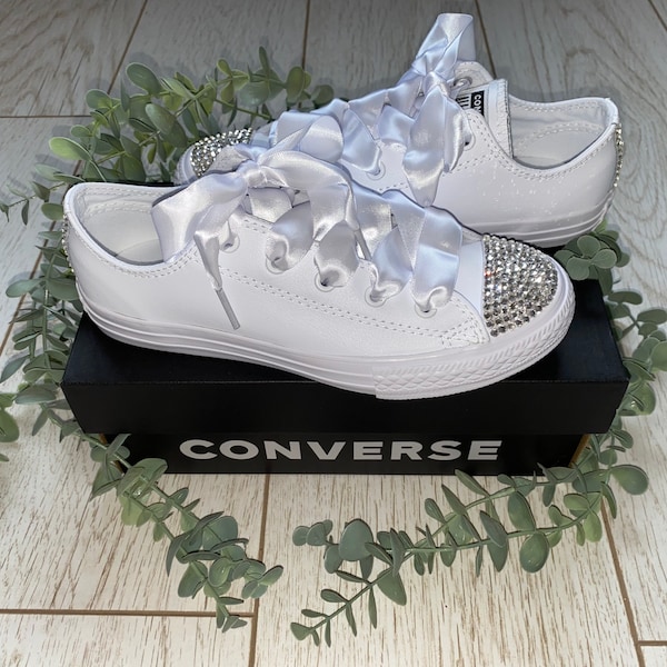 Genuine Swarovski Crystal White Leather Converse