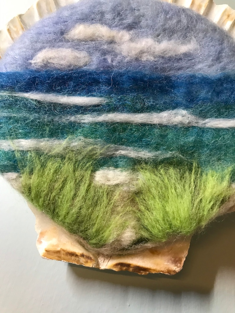 Needle felted 2D seascape in scallop shell