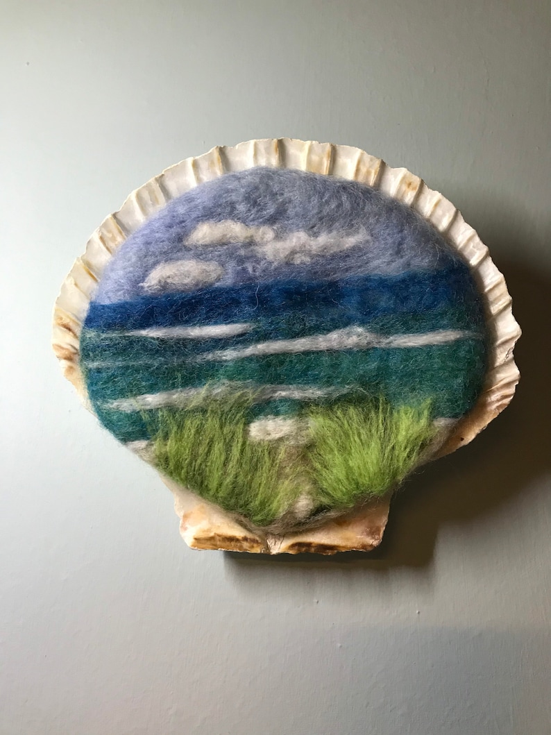Needle felted 2D seascape in scallop shell