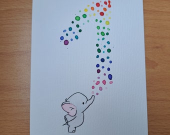 Watercolor postcard 1st birthday elephant soap bubbles rainbow