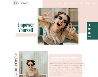 Peut inclure: Une page d'accueil de site Web avec le texte "Girl Power" dans un cercle, le texte "Empower Yourself" en grande police et le texte "It's time to make a change" en police plus petite. L'arrière-plan est blanc avec un schéma de couleurs rose et vert. L'image présente une femme souriante et faisant le signe de la paix avec ses mains.