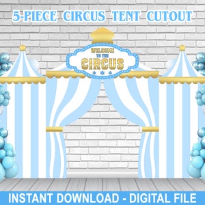 Fondo recortable editable de carpa de circo azul de 5 piezas, Accesorio de pie, Fiesta de cumpleaños de circo, Cumpleaños de niño, Descarga instantánea, Corjl
