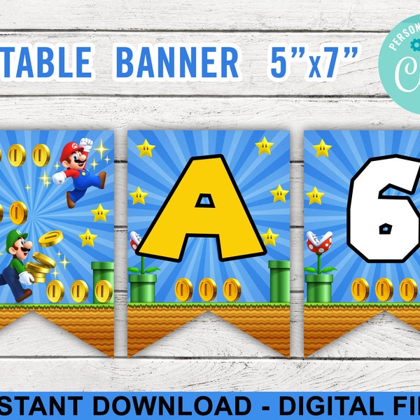 Super Mario Bros Birthday Banner – Bunting Banner – Mario & Luigi – Editable – Personalized – 5X7” – Corjl - INSTANT DOWNLOAD