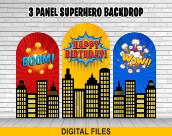 Sfondo ad arco con 3 pannelli di supereroi – Stile fumetto – Paesaggio urbano – Edifici di città di supereroi – Skyline notturno – File digitali