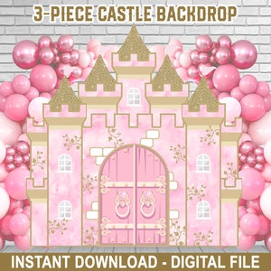 Fondo recortado de 3 piezas en forma de castillo rosa – Accesorio vertical – 8 x 8 pies – Cumpleaños de princesa de cuento de hadas – Cumpleaños de niña – Descarga instantánea
