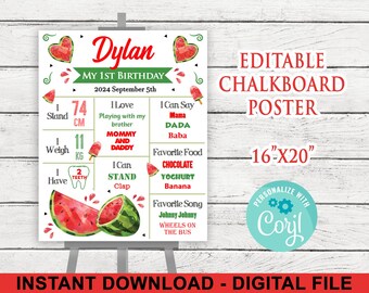 Watermelon Birthday Editable Chalkboard Poster – First Birthday Milestone Sign – Personalized – 16”x20” – Corjl - INSTANT DOWNLOAD