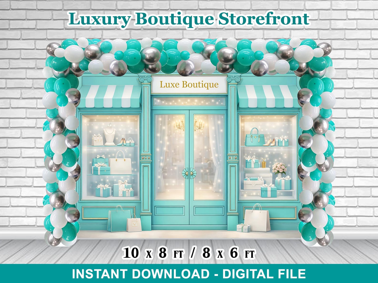 Luxury Boutique Storefront Backdrop – Mint Teal – Editable Name ...