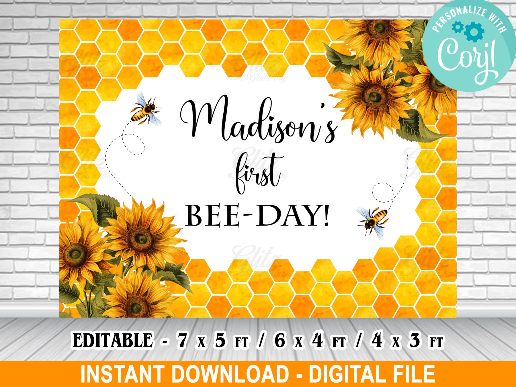 First Bee Day Editable Backdrop Banner – Girl / Boy 1st Birthday / Baby ...