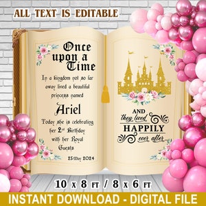 May include: A printable backdrop for a birthday party featuring a fairytale book with the text "Once upon a Time" and a castle illustration. The backdrop is decorated with pink and white balloons. The text is editable and the backdrop is available for instant download.