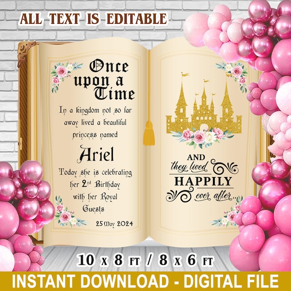 Es war einmal Bearbeitbarer Hintergrund – Prinzessin Storybook Party – 3 Farben – Geburtstag/Babyparty/Brautparty – 10x8/8x6ft –Sofortiger Download