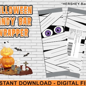 May include: Printable Halloween candy bar wrapper featuring a mummy design with purple eyes. The wrapper is labeled "*HERSHEY Bar 1.55oz".