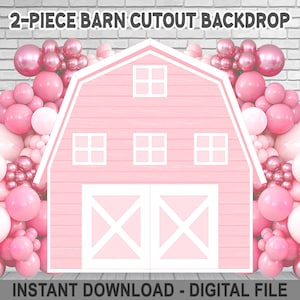 May include: A pink barn cutout backdrop with white trim and windows. The backdrop is made of two pieces and is perfect for a farm-themed party.
