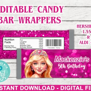 May include: Printable candy bar wrapper template featuring a pink background with glitter, a Barbie doll illustration, and the text "Mackenzie's 5th Birthday". The wrapper is designed for Hershey's 1.55 oz and Aldi 40g candy bars.