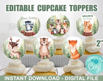 May include: Editable cupcake toppers featuring woodland animals, including a raccoon, bear, deer, fox, and squirrel. The toppers are 2 inches in diameter and are designed for use with cupcakes. The text "Happy Birthday" and "William's First Birthday" are included on two of the toppers.