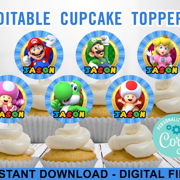 Super Mario Bros Cupcake Toppers - Mario & Luigi - Bearbeitbar - Personalisiert - 6 Designs - 2 "Kreise - Corjl - SOFORTIGER DOWNLOAD."